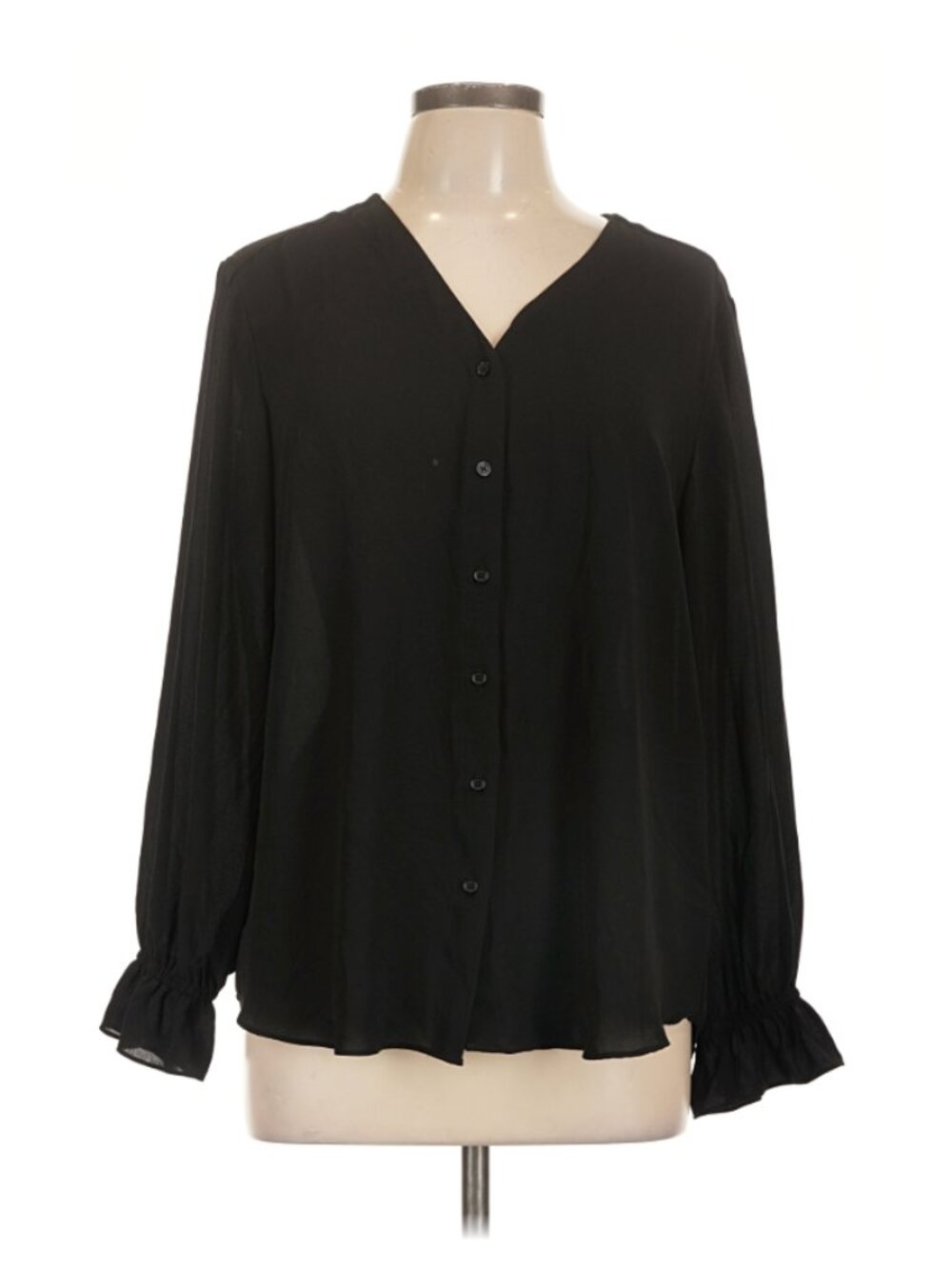 Tahari Black Button-Down V-Neck Ruffle Cuff Blouse